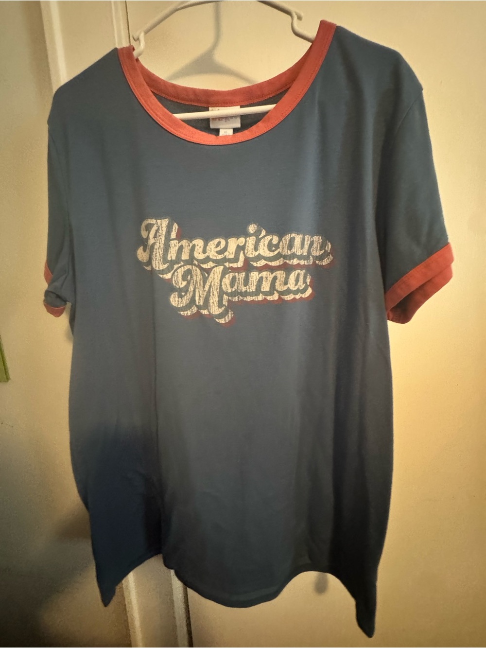 LuLaRoe Blue Ringer Tee with Red Trim